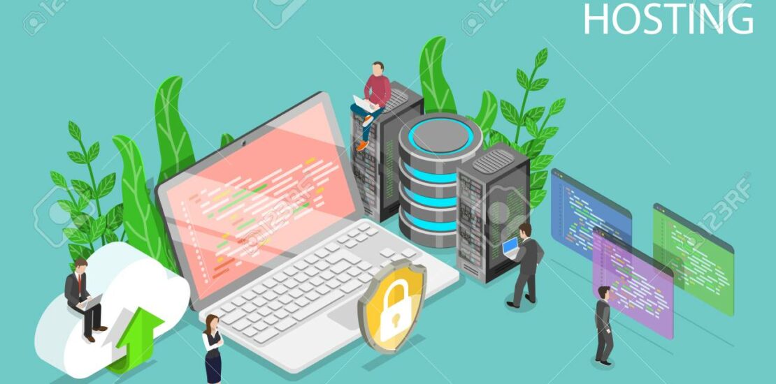 Isometric flat vector concept of web hosting service, cloud computing, data center.